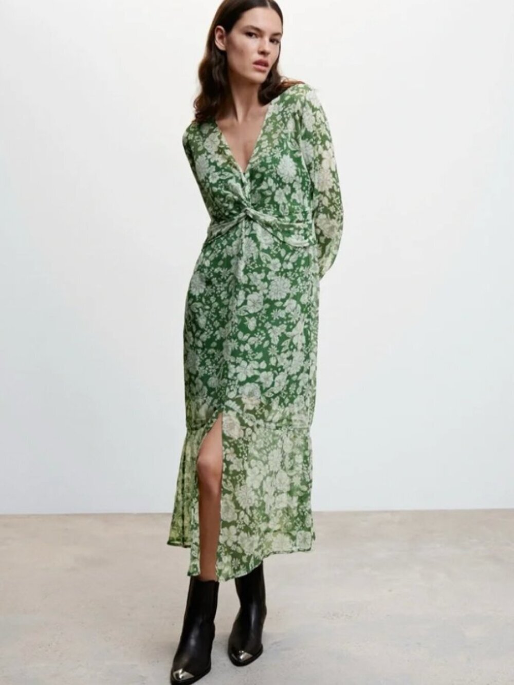 NWT Mango MNG Floral Sheer Green White Romantic Twist Front Midi Dress XS $129